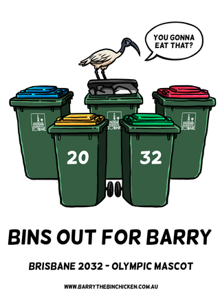 Large Bins Out for Barry Sticker.  22cm x 30cm.  Brisbane 2032 - Olympic Mascot